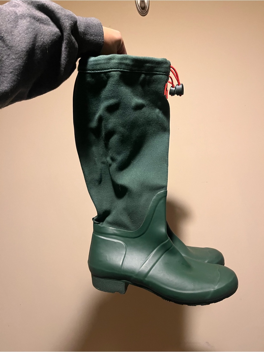 Hunter Dark Green Tall Waterproof Men's Rain Boots with Red Drawcord